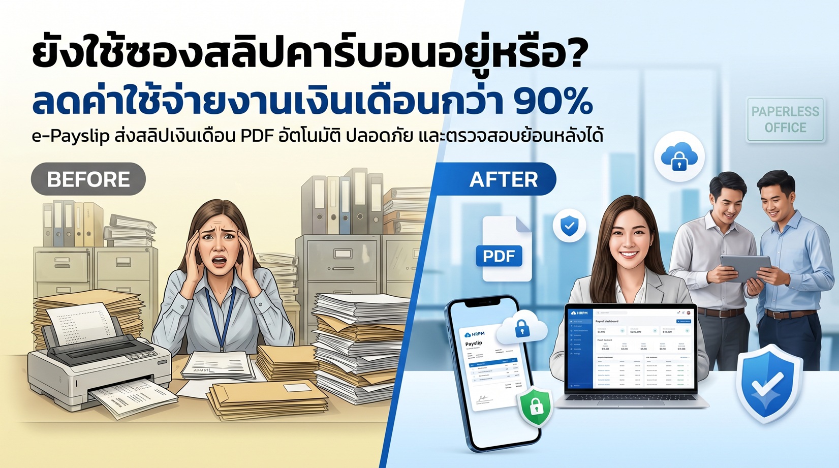 บอกลาซองสลิปคาร์บอน: เปลี่ยนมาใช้ระบบสลิปเงินเดือน PDF (e-Payslip) ปลอดภัย ประหยัดค่าใช้จ่ายองค์กรกว่า 90%