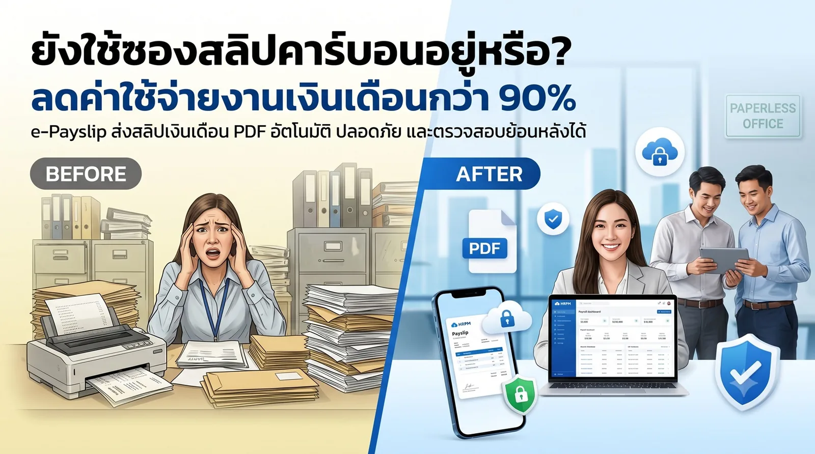 บอกลาซองสลิปคาร์บอน: เปลี่ยนมาใช้ระบบสลิปเงินเดือน PDF (e-Payslip) ปลอดภัย ประหยัดค่าใช้จ่ายองค์กรกว่า 90%