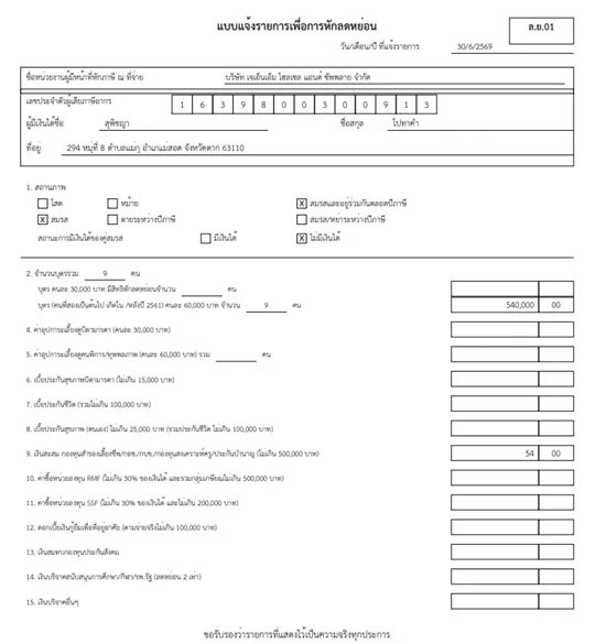 หน้าจอระบบจัดการค่าลดหย่อนภาษีพนักงานและการออกแบบ ล.ย.01 อัตโนมัติ