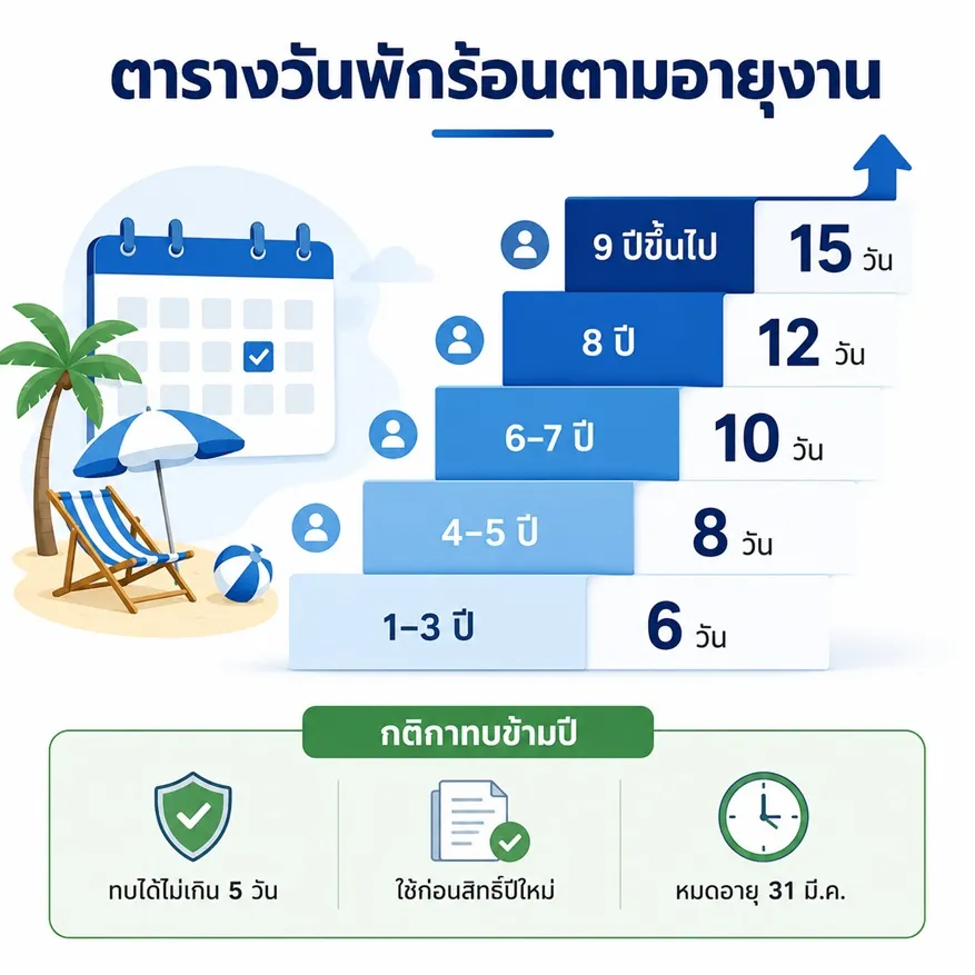 ตารางวันพักร้อนตามอายุงาน: ออกแบบขั้นบันได (1–3 ปีได้ 6 วัน … 9 ปีขึ้นไป 15 วัน) + กติกาทบข้ามปี