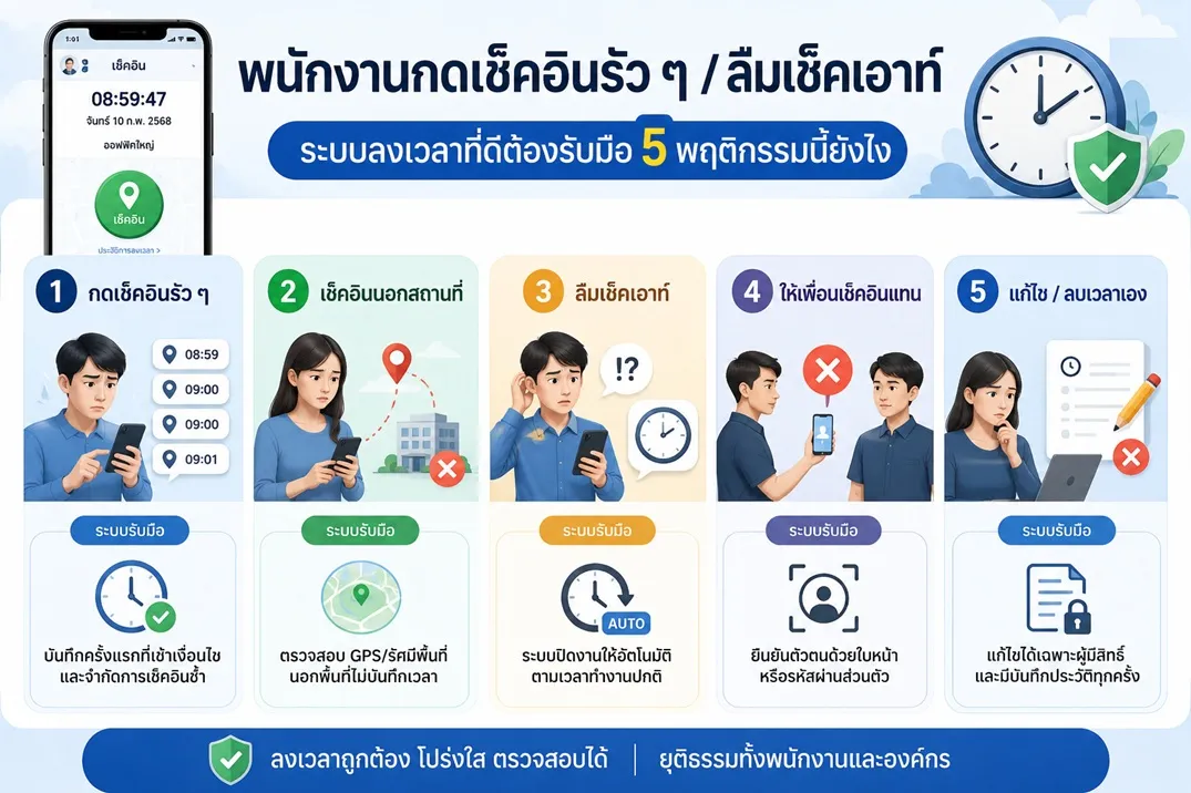 พนักงานกดเช็คอินรัว ๆ / ลืมเช็คเอาท์ — ระบบลงเวลาที่ดีต้องรับมือ 5 พฤติกรรมนี้ยังไง