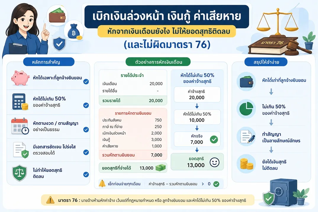 เบิกเงินล่วงหน้า เงินกู้ ค่าเสียหาย — หักจากเงินเดือนยังไงไม่ให้ยอดสุทธิติดลบ (และไม่ผิดมาตรา 76)