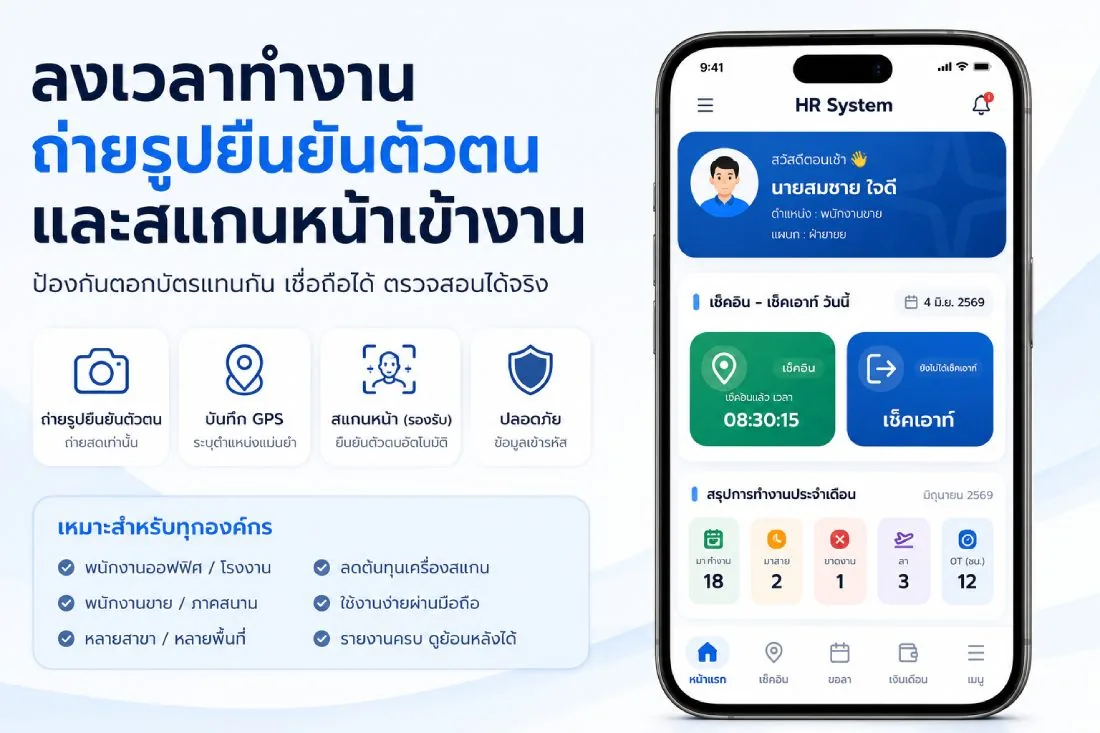พนักงานลงเวลาทำงานผ่านมือถือด้วยพิกัด GPS ในระบบ HR ของ HRPM